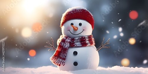 Winter holiday christmas background banner - Closeup of cute funny laughing snowman with wool hat and scarf, on snowy snow snowscape with bokeh lights, illuminated by the sun © Jing