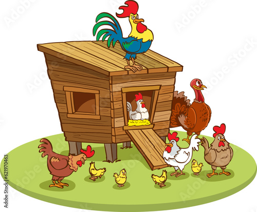 Illustration of a Cute House with Rooster and Chickens