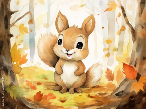 Cute watercolor squirrel, illustration for children