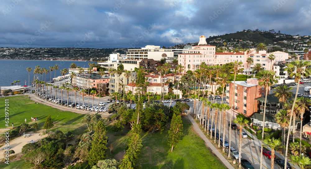 Fototapeta premium La Jolla, San Diego, California, from a UAV Aerial Drone looking at the resort Area. and the Hills in the background