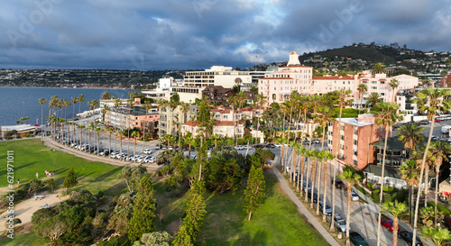 La Jolla, San Diego, California, from a UAV Aerial Drone looking at the resort Area. and the Hills in the background