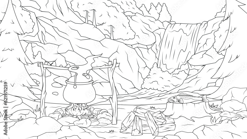 Naklejka premium Vector illustration, fishing on a mountain river, book coloring