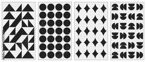 Vector set of abstract geometric backgrounds. Brutalist vertical poster. Minimal monochrome swiss design aesthetic. Bauhaus vector poster