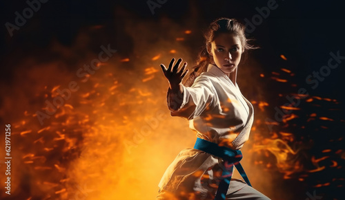 Blue Belt Warriors: Person in Kimono and Blue Belt on fire Background with Space for Text. Martial Arts Discipline Concept AI Generative   © Mr. Bolota