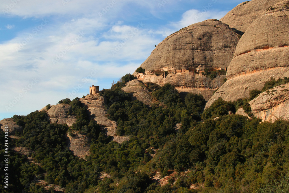 View of the mountains and the church Ermita de Sant Joan in the National park near the monastery of Montserrat near Barcelona, Catalonia, Spain