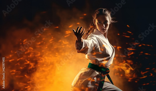 Green Belt Warriors: Person in Kimono and green Belt on fire Background with Space for Text. Martial Arts Discipline Concept AI Generative 