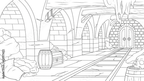 Vector illustration, creepy abandoned mine dungeon, book coloring