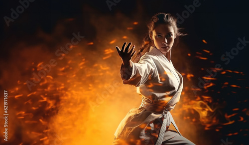 White Belt Warriors: Person in Kimono and White Belt on fire Background with Space for Text. Martial Arts Discipline Concept AI Generative   © Mr. Bolota