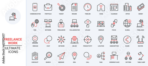 Freelance, work in home office red black thin line icons set vector illustration. Online communication and collaboration of freelancers with remote locations, productivity and portfolio of resume.