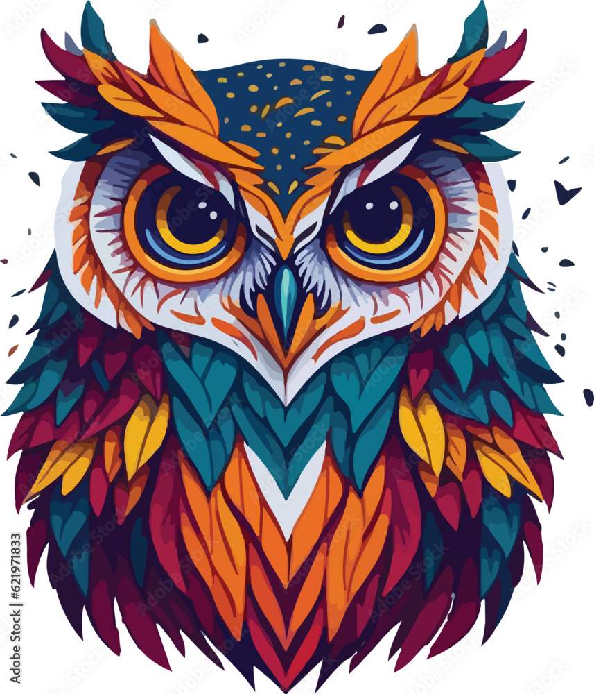 Colorful owl face mascot vibrant vivid colored t-shirt design vector illustrations.