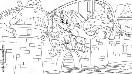 Vector illustration, children's attraction dragon dungeon, book coloring.