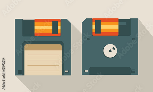 Floppy disk isolayed on white background. Diskette in retro style. HD diskette old data media. Vector stock soft green vector art image illustration, Magnetic diskette isolated on beige background photo