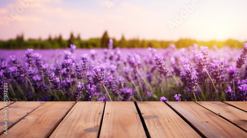 Empty wooden board or table background with copy space. Lavender field view. Generative AI