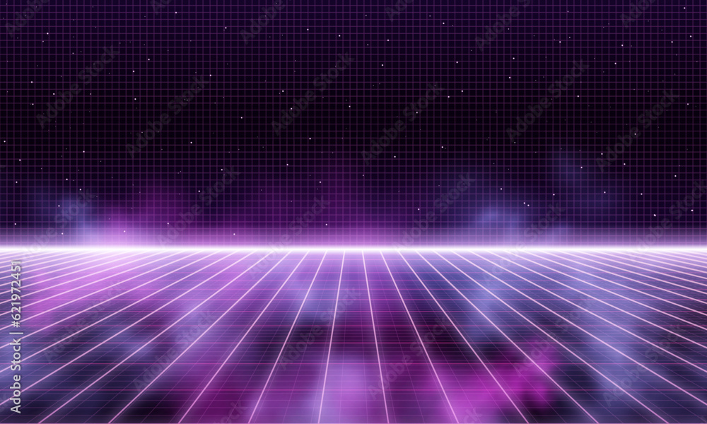 Synthwave wireframe net illustration with smoke or fog. Abstract digital background. 80s, 90s Retro futurism, Retro wave cyber grid. Deep space surfaces. Neon lights glowing. Starry background. Vector Synthwave wireframe net illustration with smoke or fog. Abstract digital background. 80s, 90s Retro futurism, Retro wave cyber grid. Deep space surfaces. Neon lights glowing. Starry background. Vector