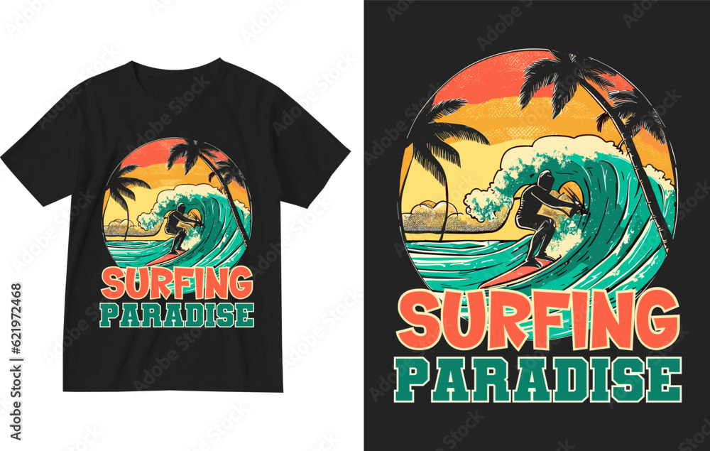 Surfing paradise t shirt design illustration . Surfing paradise . Surfing vintage t shirt design . Surf t shirt design . Surf rider t shirt design . Surf lover t shirt design . Surfer t shirt design .