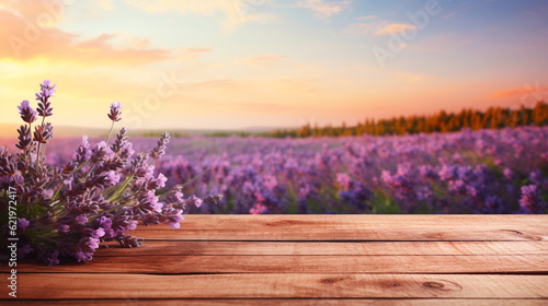 Empty wooden board or table background with copy space. Lavender field view. Generative AI