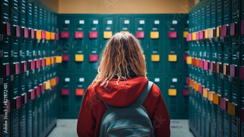 a students in the middle of A row of colorful lockers in a school corridor,