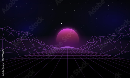 Retro background futuristic landscape 1980s style. Digital retro cyber surface. 80s party background . Retro 80s fashion Sci-Fi Background Summer Landscape. Retro cyberpunk style 80s Sci-Fi. 3D illust