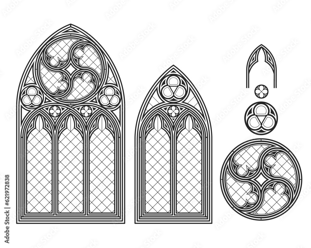 Medieval Gothic stained glass cathedral window set Stock Vector | Adobe ...