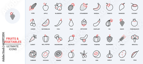 Fruit and vegetable red black thin line icons set vector illustration. Organic healthy farm food for healthy nutrition, fresh apple and orange, banana and cherry berry, carrot and potato for cooking.