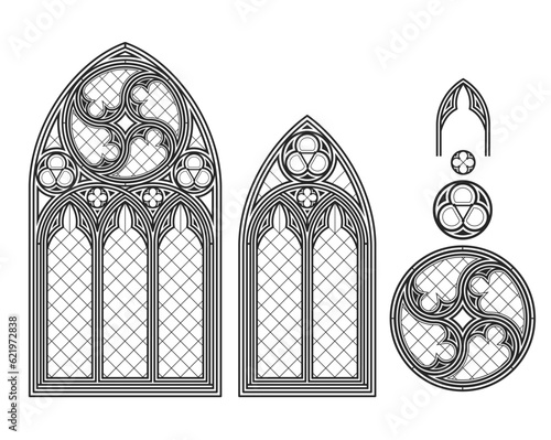Medieval Gothic stained glass cathedral window set