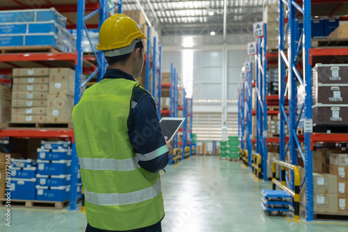 Asian male factory inspect and check inventory on warehouse, count stock product. Transport logistic business shipping, delivery to customers. inspection, storehouse, storage, factory, manage.