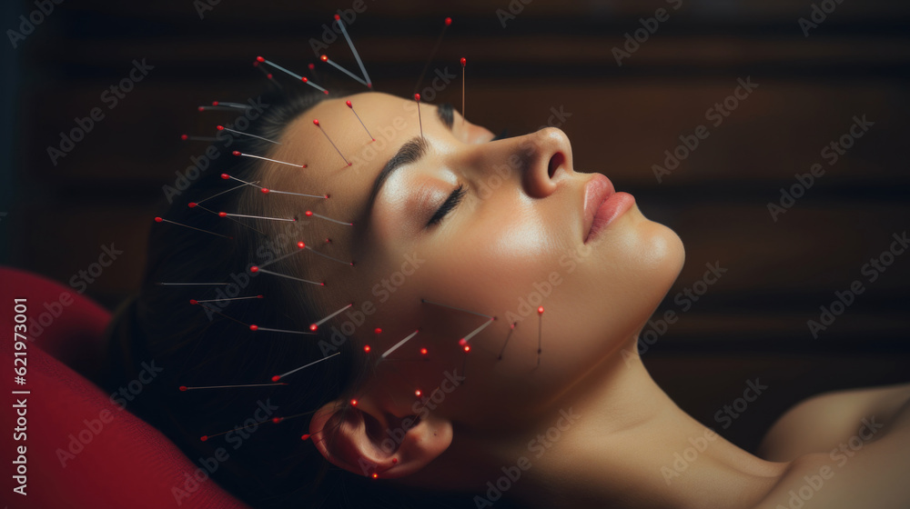 Peaceful woman undergoing acupuncture treatment, finding solace and rejuvenation through traditional healing. AI generated - obrazy, fototapety, plakaty 