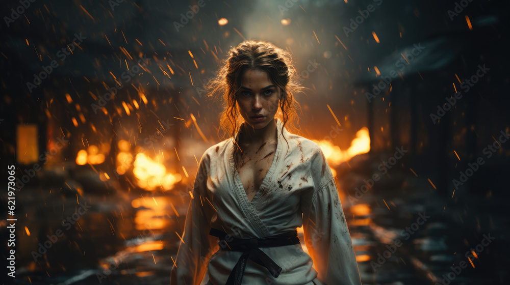 Martial Arts Mastery in Flames. Woman Demonstrates Martial Arts Skills in White Kimono Amidst Flames