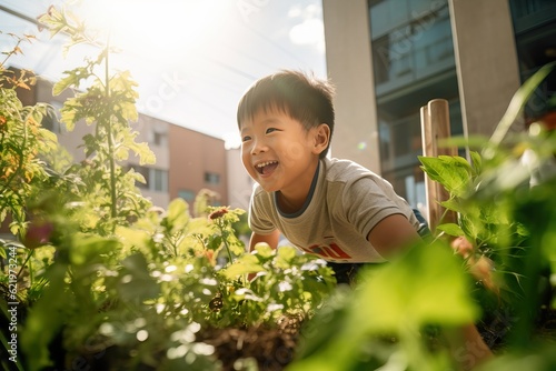 Joyful Boy Tending Lush Community Garden. Generative AI.
