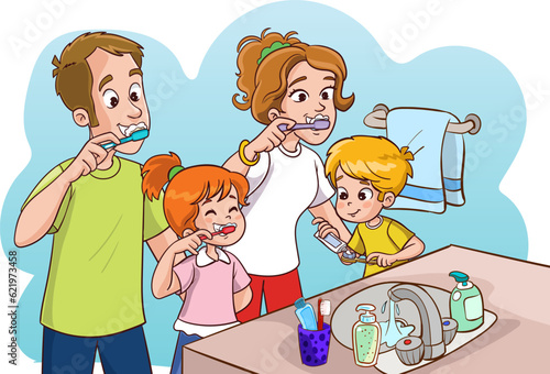 family brushing teeth vector illustration