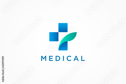 Medical Logo. Blue Cross Sign with Leaf Combination isolated on White Background. Flat Vector Logo Design Template Element for Hospital Logos.