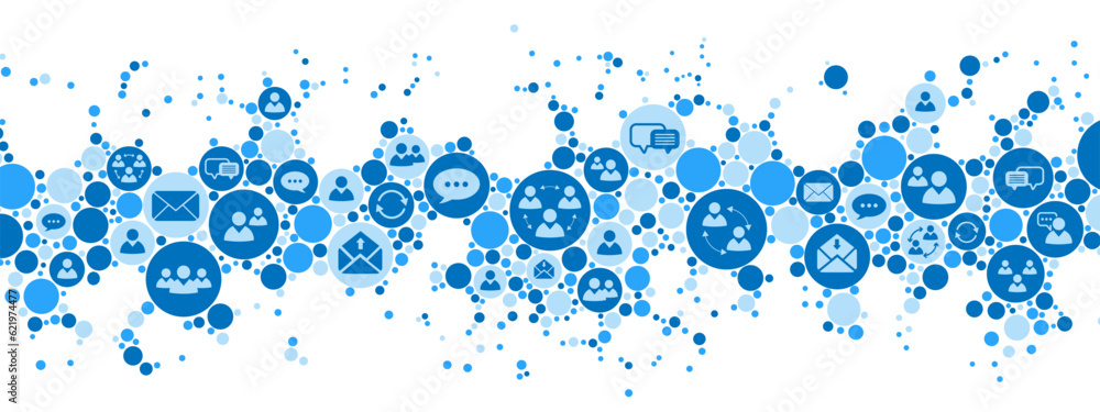 Blue vector mosaic background frame. Texture of intertwining dots, circles with symbols, icons of mobile communication, social networks. Chaotic hypnosis pattern. Poster for presentations, business. Blue vector mosaic background frame. Texture of intertwining dots, circles with symbols, icons of mobile communication, social networks. Chaotic hypnosis pattern. Poster for presentations, business.