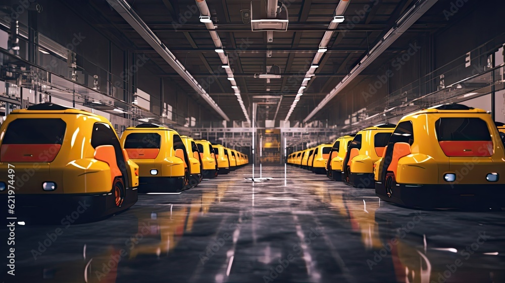 A fleet of autonomous mobile robots autonomously navigating the shop floor, delivering raw materials to different production stations.