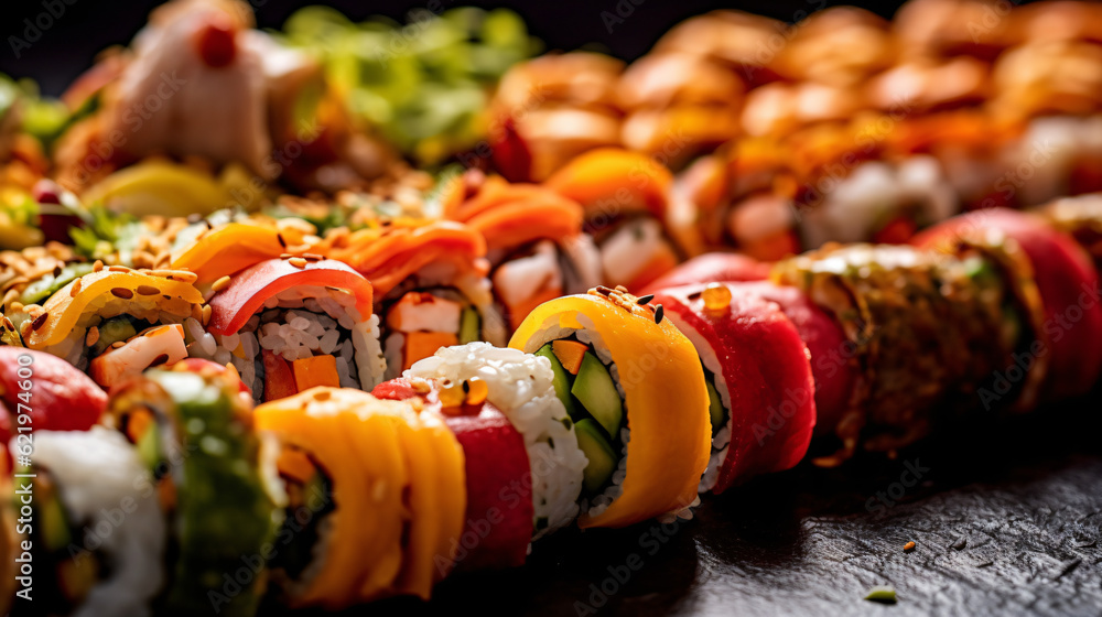 Closeup shot of a sushis. Food Wallpaper. Generative Ai. Closeup shot of a sushis. Food Wallpaper. Generative Ai.