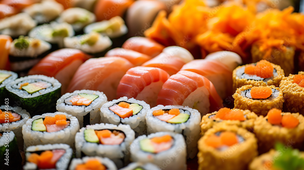 Closeup shot of a sushis. Food Wallpaper. Generative Ai. Closeup shot of a sushis. Food Wallpaper. Generative Ai.