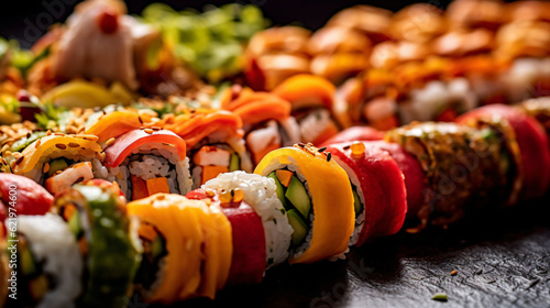 Closeup shot of a sushis. Food Wallpaper. Generative Ai.