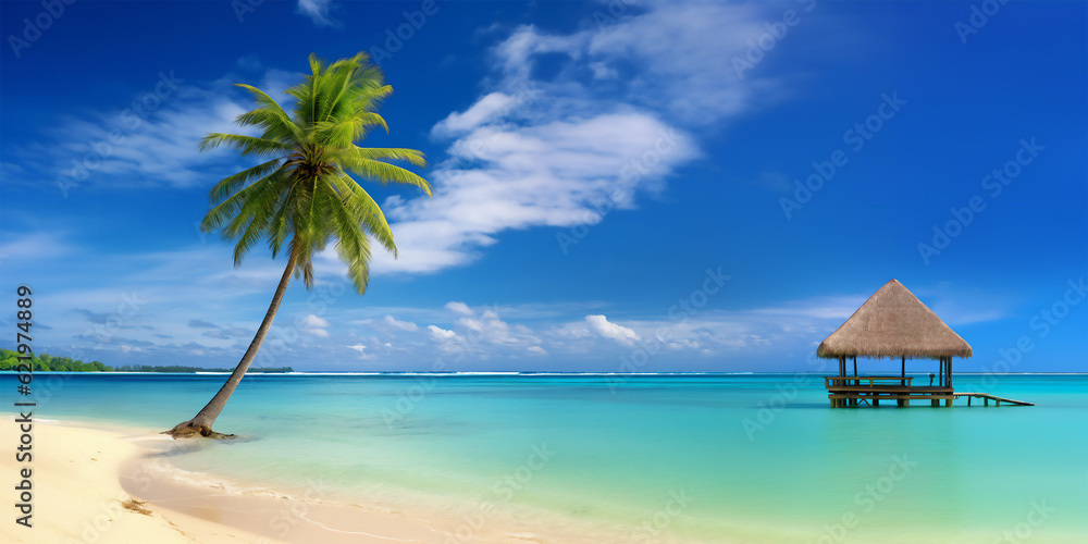Tropical beach landscape with a palm tree and white sand, perfect idyllic beach panoramic illustration