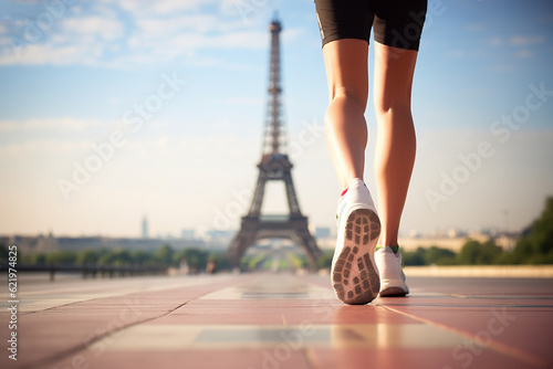 Female athlete running in Paris, Eiffel tower, women sports in France - summer olympic games 2024 imagined by AI generative - not the actual event