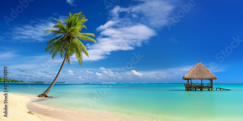 Tropical beach landscape with a palm tree and white sand, perfect idyllic beach panoramic illustration