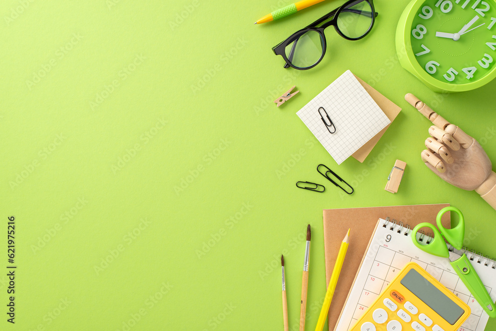 Step into the realm of education with this top-down photograph featuring glasses, schedule and a variety of school supplies adorn an isolated light green background, ready for text or advertising Step into the realm of education with this top-down photograph featuring glasses, schedule and a variety of school supplies adorn an isolated light green background, ready for text or advertising