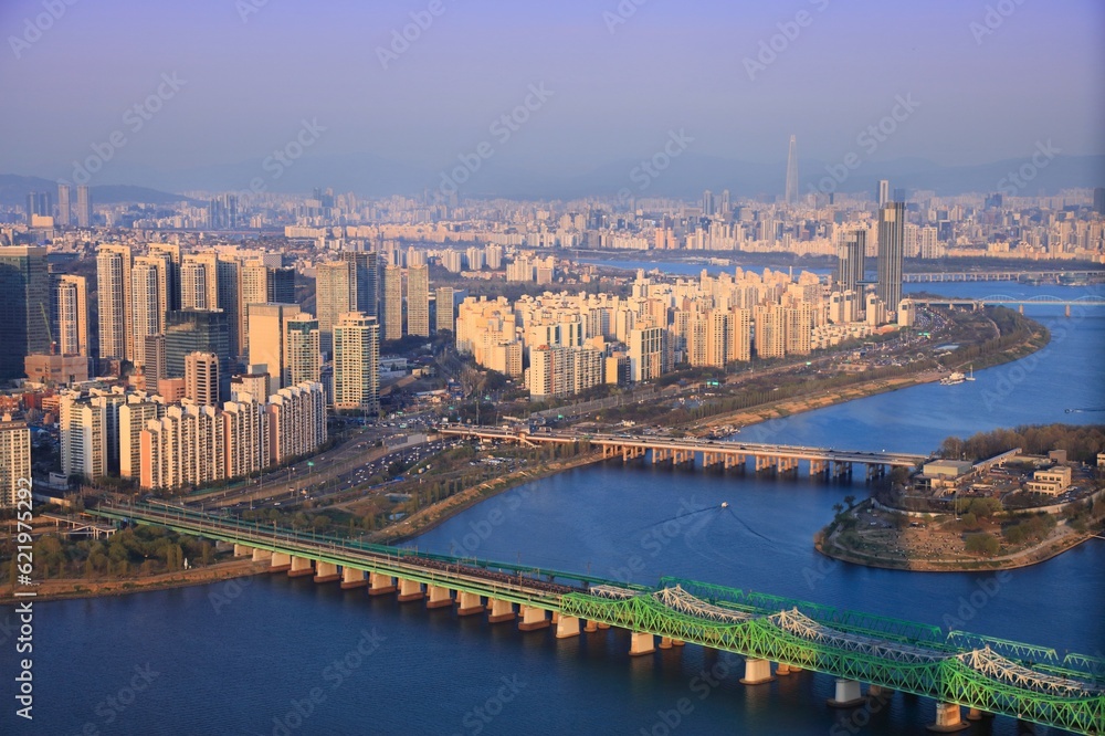 Seoul cityscape in South Korea. Aerial view with River Han (Hangang) and Ichon high density residential neighborhood.
