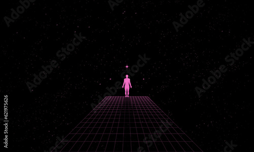 Self searching mental psychologic concept with abstract human silhouette walking through the retro digital grid surface in search of the unknown. Vector vaporwave Synthwave wireframe net illustration