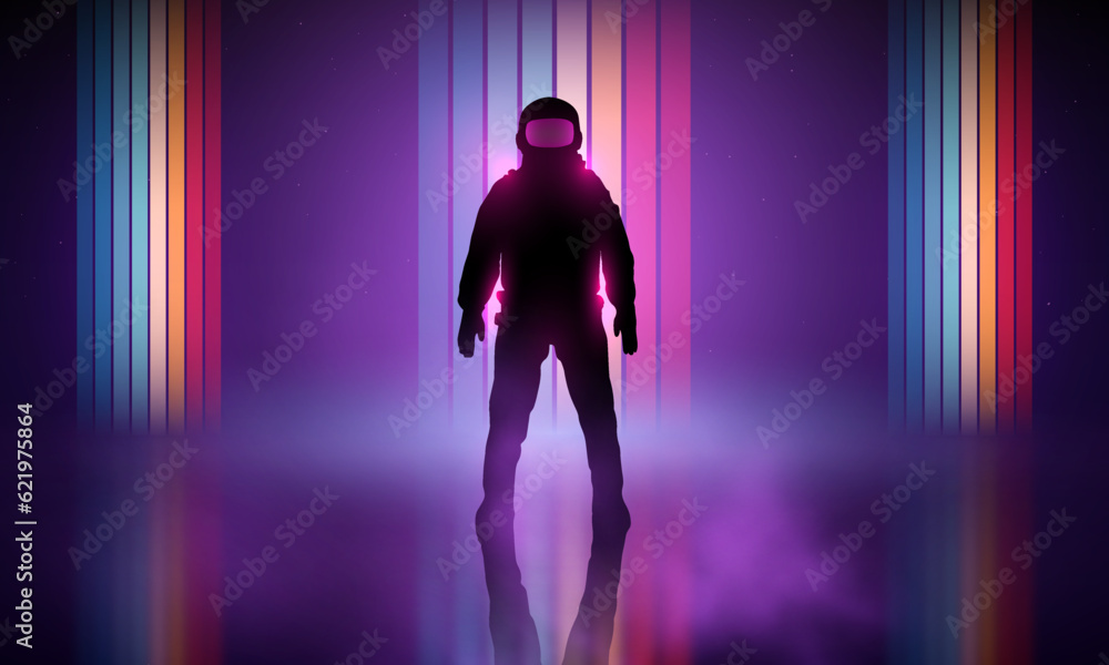 Retrowave, synthwave, vaporwave illustration with laser grid landscape in the starry space, through the brightly glowing pink portal a man in a spacesuit came out. Vintage Striped Retro Colors 80s Retrowave, synthwave, vaporwave illustration with laser grid landscape in the starry space, through the brightly glowing pink portal a man in a spacesuit came out. Vintage Striped Retro Colors 80s