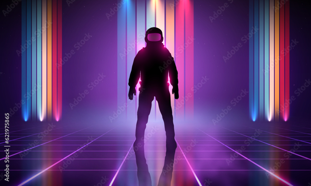 Retrowave, synthwave, vaporwave illustration with laser grid landscape in the starry space, through the brightly glowing pink portal a man in a spacesuit came out. Vintage Striped Retro Colors 80s Retrowave, synthwave, vaporwave illustration with laser grid landscape in the starry space, through the brightly glowing pink portal a man in a spacesuit came out. Vintage Striped Retro Colors 80s