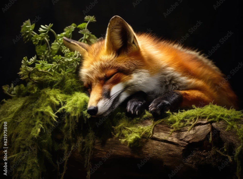 Red cute fox, animal sleeps on a tree. Created with Generative AI technology. Red cute fox, animal sleeps on a tree. Created with Generative AI technology.