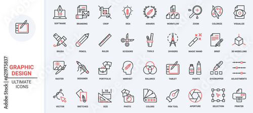 Graphic design red black thin line icons set vector illustration. Tools for creative projects of designer, software and stationery for interface panel in mobile app, pack for creators portfolio. photo
