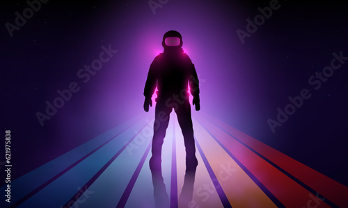 Retrowave  synthwave  vaporwave illustration with laser grid landscape in the starry space  through the brightly glowing pink portal a man in a spacesuit came out. Vintage Striped Retro Colors 80s