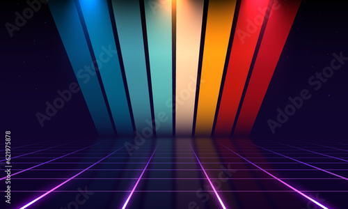 Retrowave, synthwave, vaporwave illustration with laser grid landscape in the starry space, Vintage Striped Backgrounds, Posters, Banner Samples, Retro Colors from the 1970s 1980s, 70s, 80s, 90s.