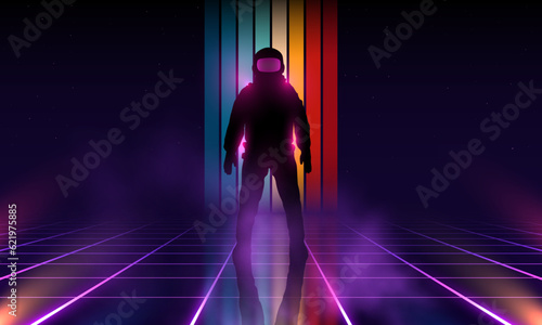 Retrowave, synthwave, vaporwave illustration with laser grid landscape in the starry space, through the brightly glowing pink portal a man in a spacesuit came out. Vintage Striped Retro Colors 80s