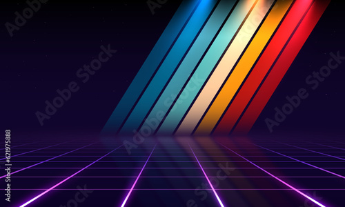 Retrowave, synthwave, vaporwave illustration with laser grid landscape in the starry space, Vintage Striped Backgrounds, Posters, Banner Samples, Retro Colors from the 1970s 1980s, 70s, 80s, 90s.